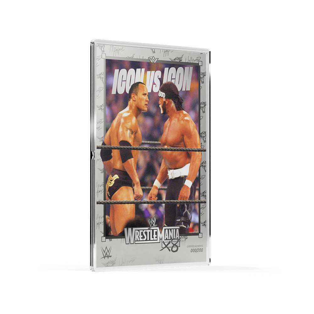 Angled view of WrestleMania X8 Stare Down 5g silver foil in capsule, white ICON VS ICON title