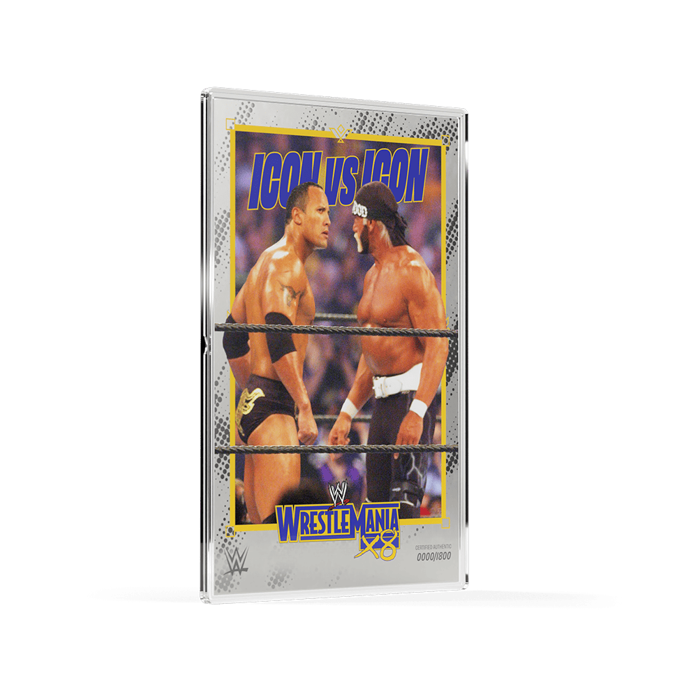 Angled view of WrestleMania X8 Stare Down 5g silver foil in clear capsule, ICON VS ICON photo side