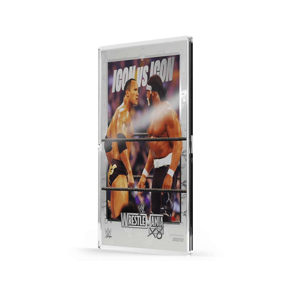 Angled right view of WrestleMania X8 Stare Down 5g silver foil in capsule, silver signature border