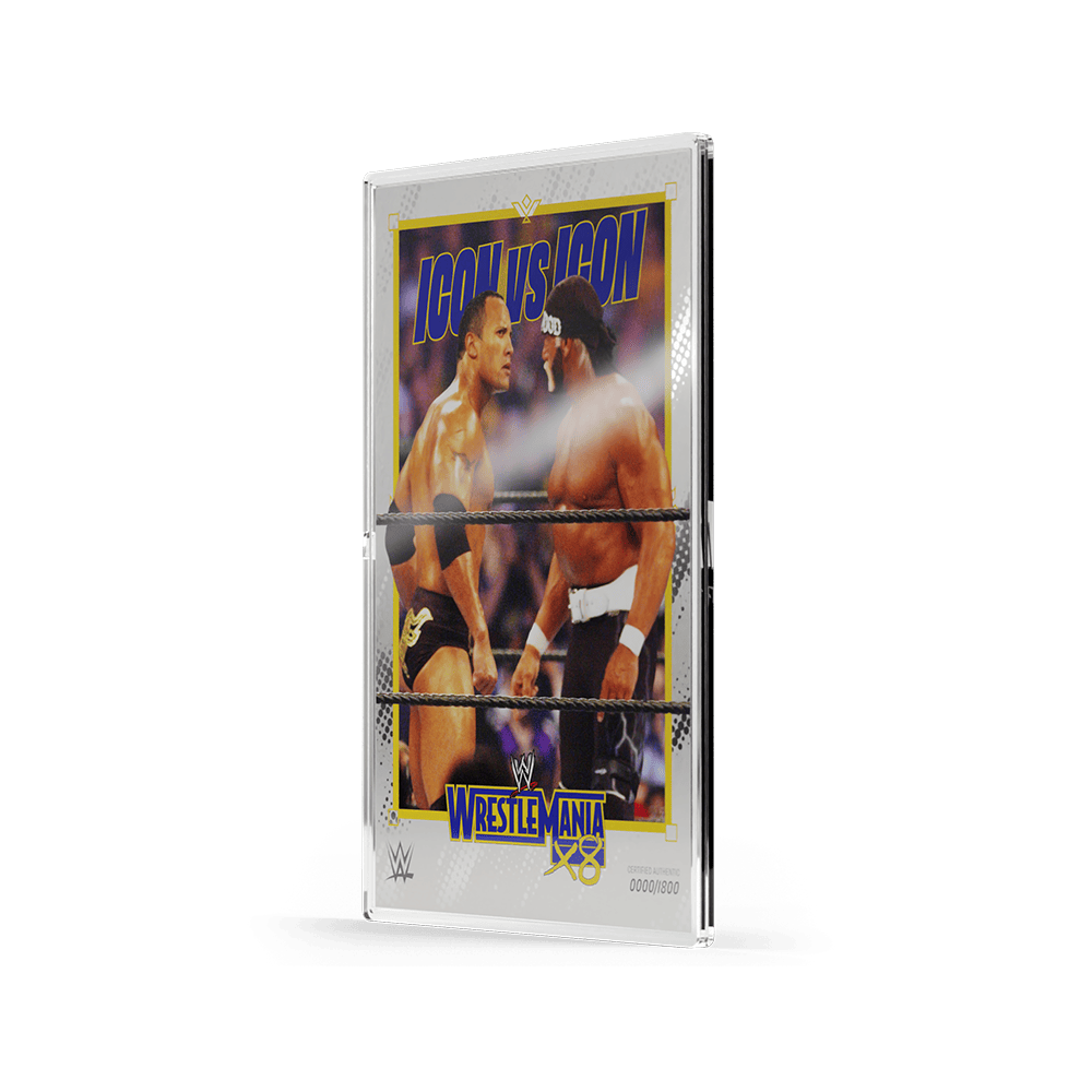 WrestleMania X8 Stare Down 5g silver foil in its capsule, angled right, two wrestlers face to face