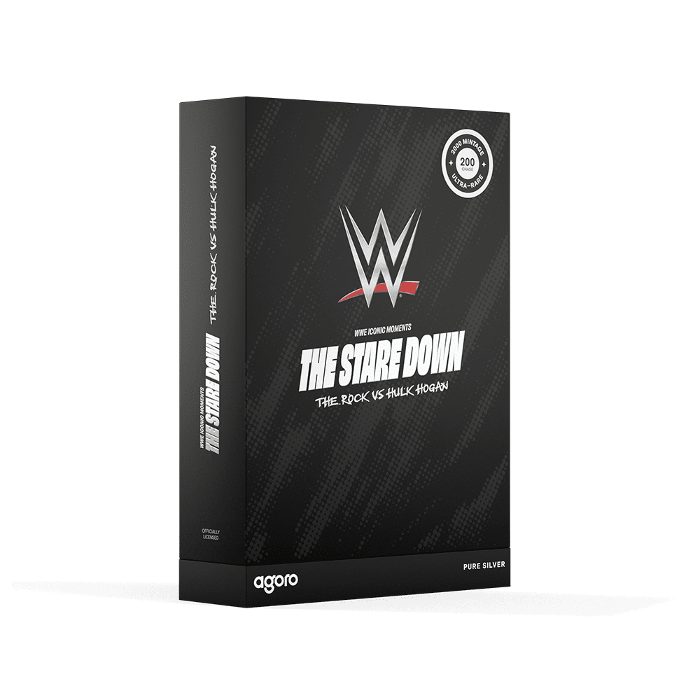 Angled view of WrestleMania X8 Stare Down silver foil box, WWE logo and THE STARE DOWN on the spine