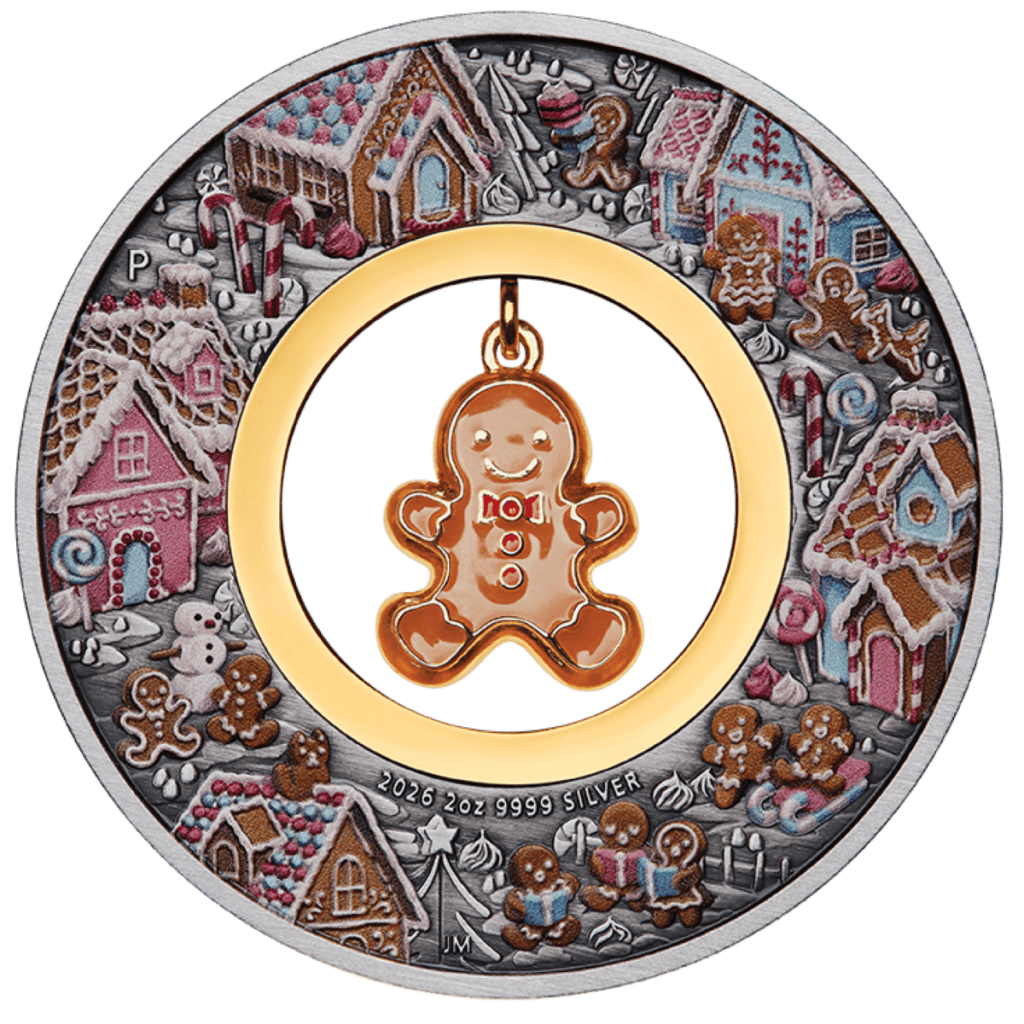 2026 Gingerbread Christmas 2 oz silver coin reverse, colorized gingerbread man charm in a gold-colored ring