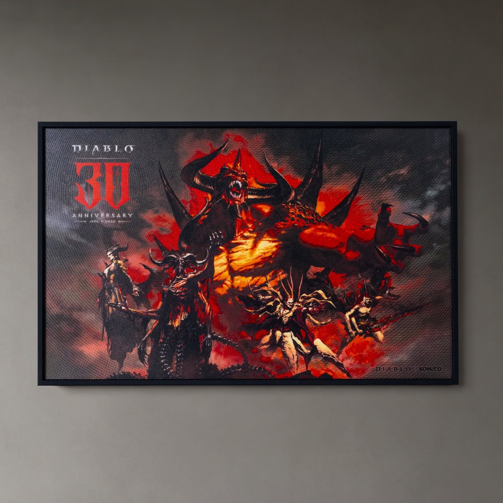 Diablo 30th Anniversary color intaglio print, framed front view of horned red Diablo and the red 30 logo