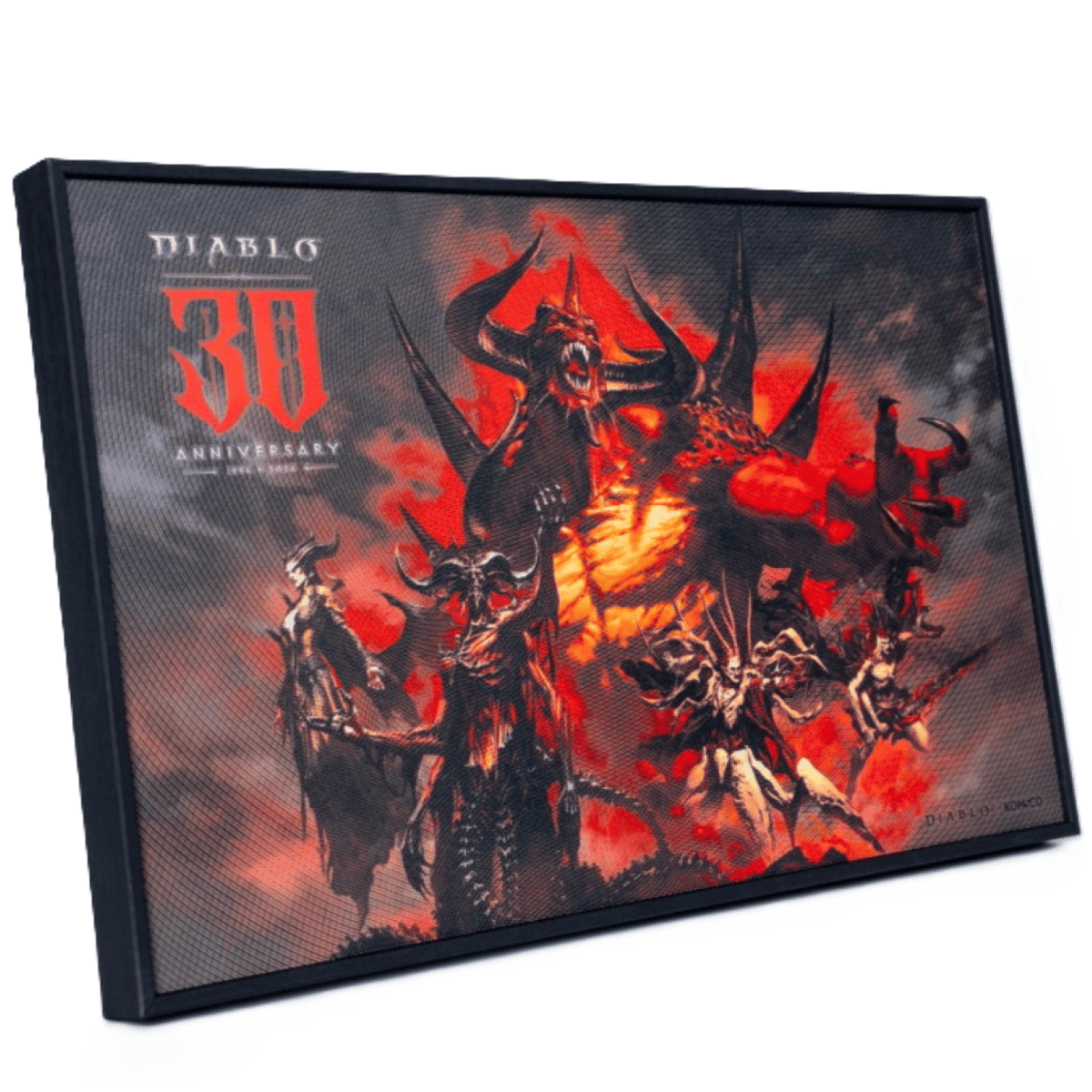 Diablo 30th Anniversary color intaglio print, angled view of the black frame and red horned Diablo