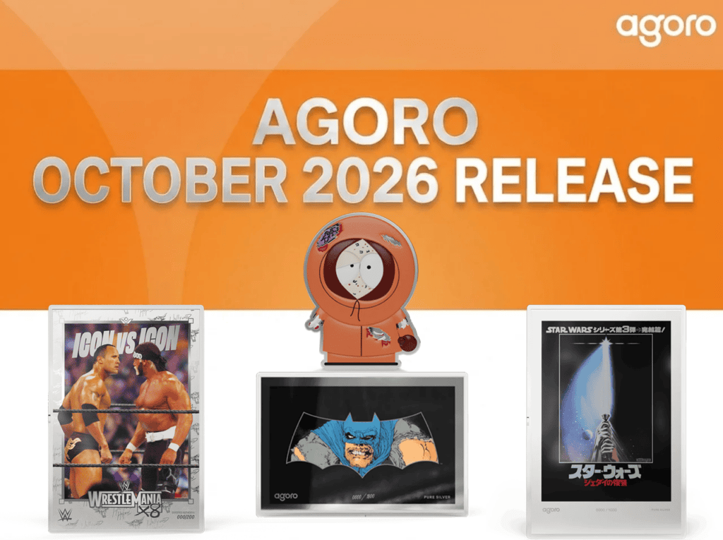 Promotional graphic, AGORO OCTOBER 2026 RELEASE with Batman, Star Wars, wrestling and cartoon collectibles