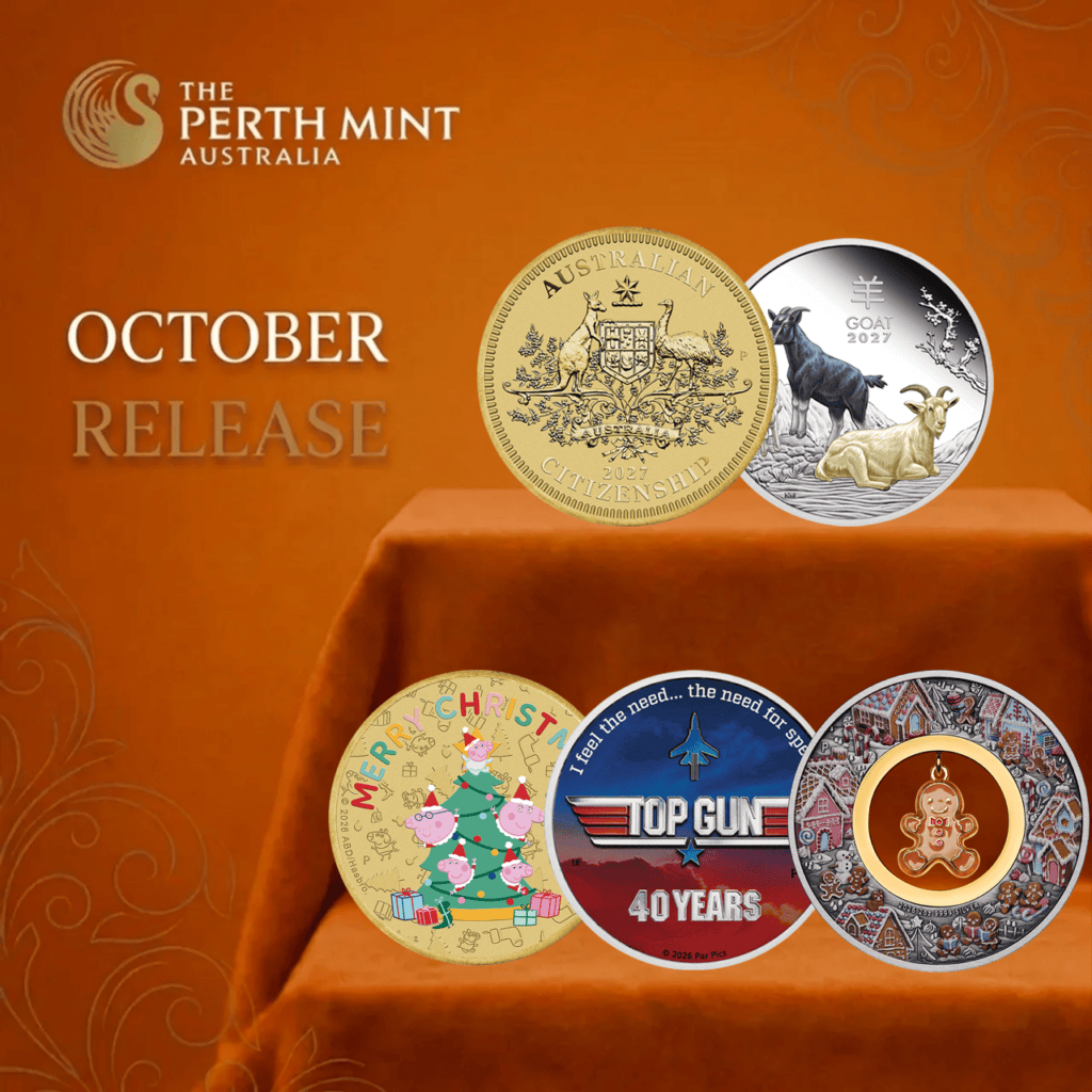 Promotional graphic, Perth Mint OCTOBER RELEASE with Top Gun, goat and gingerbread coins on orange velvet
