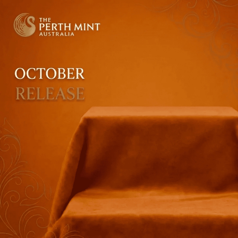 Promotional graphic, THE PERTH MINT AUSTRALIA logo and OCTOBER RELEASE beside an empty orange velvet stand