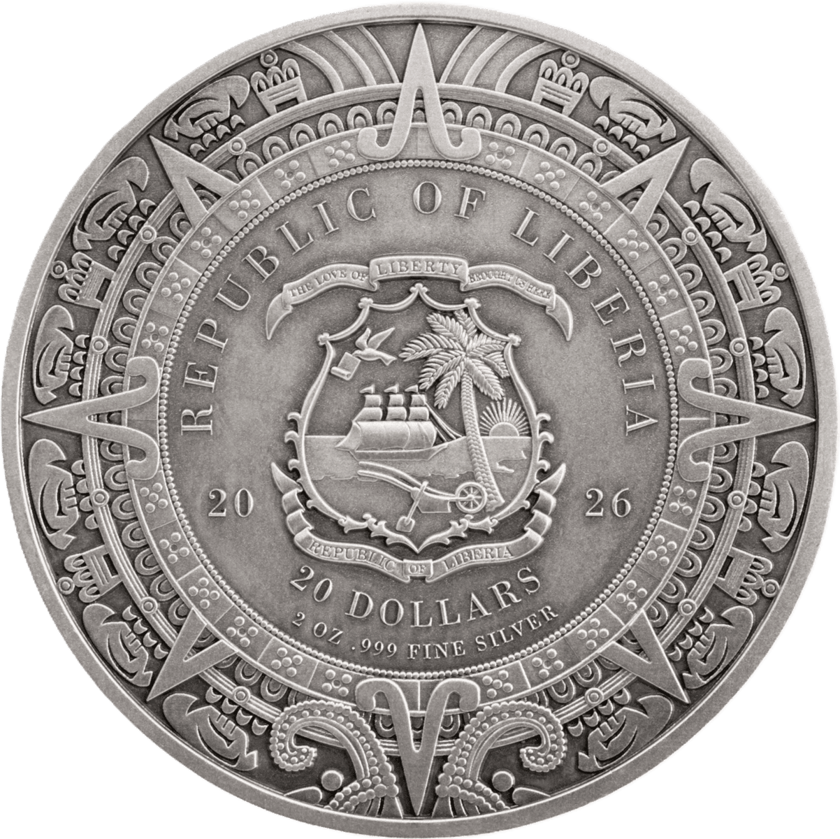 2026 Liberia Aztec Heritage Xiuhtecuhtli 2 oz Silver Antiqued Colorized Coin - Image 2