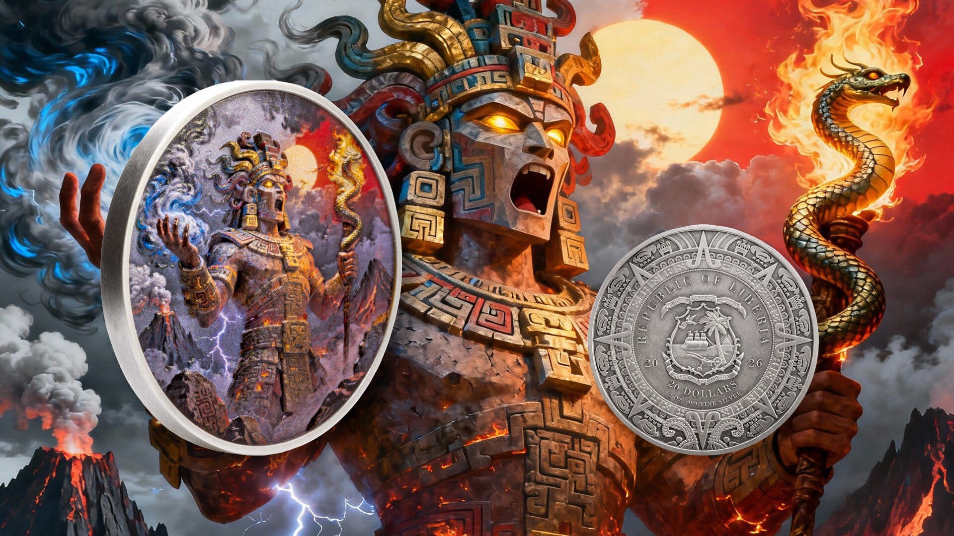 2026 Liberia Aztec Heritage Xiuhtecuhtli 2 oz Silver Antiqued Colorized Coin - Image 9