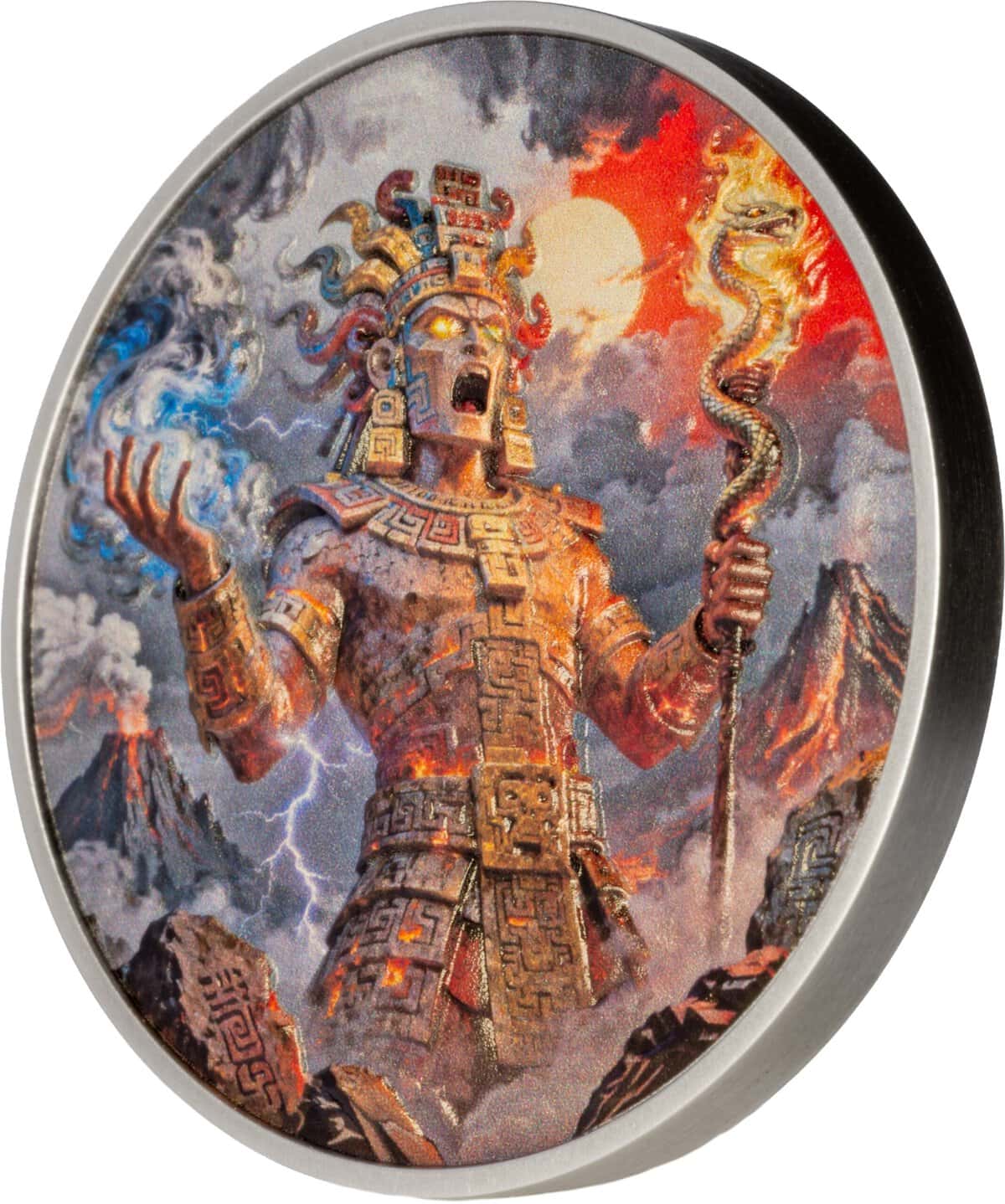 2026 Liberia Aztec Heritage Xiuhtecuhtli 2 oz Silver Antiqued Colorized Coin - Image 3