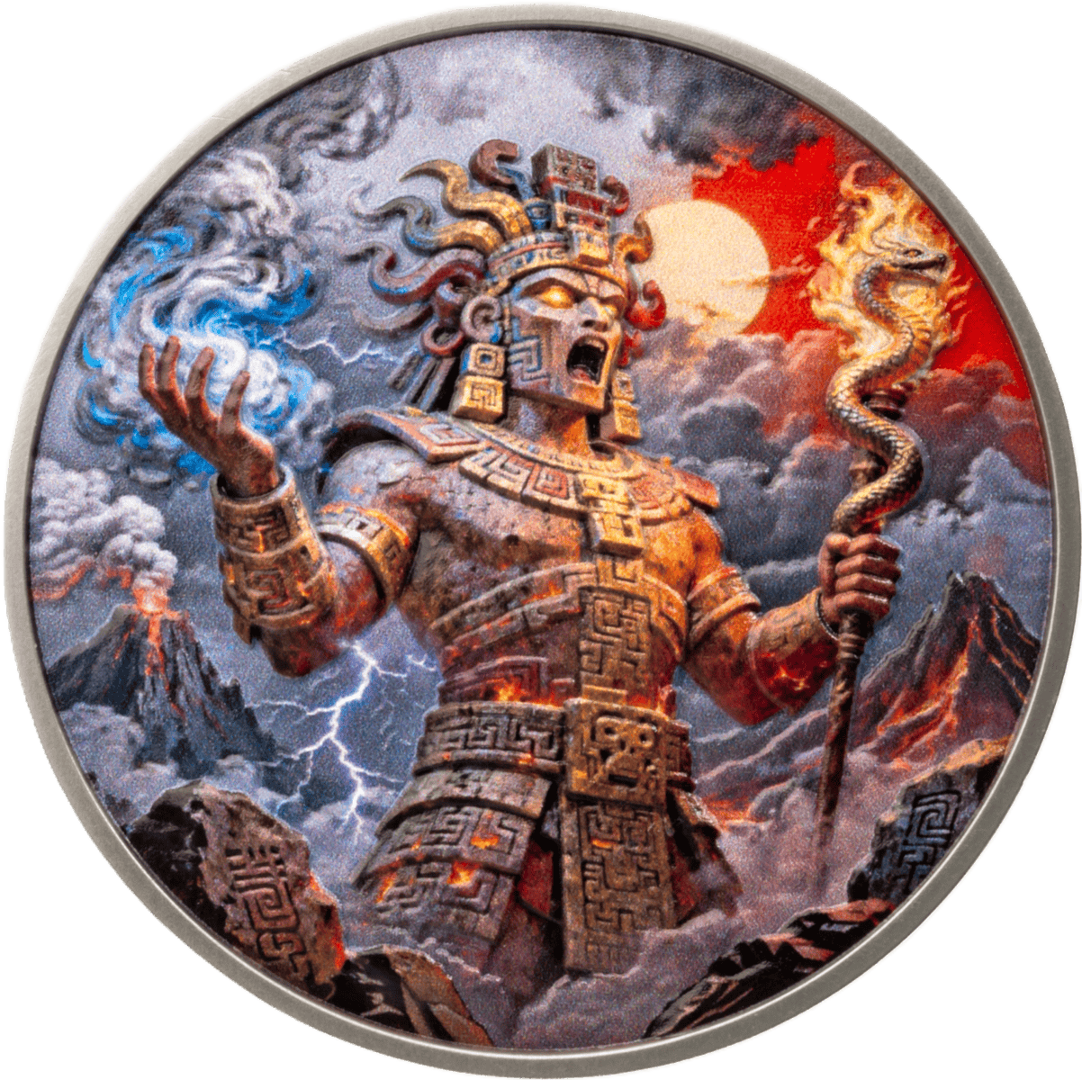 2026 Liberia Aztec Heritage Xiuhtecuhtli 2 oz Silver Antiqued Colorized Coin