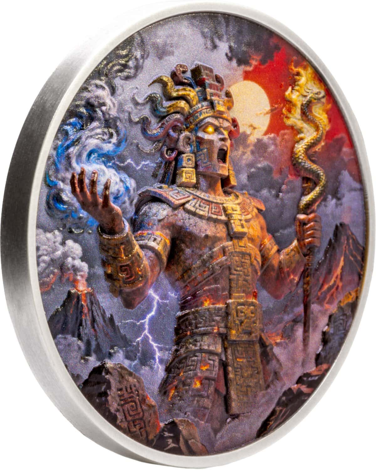 2026 Liberia Aztec Heritage Xiuhtecuhtli 2 oz Silver Antiqued Colorized Coin - Image 4