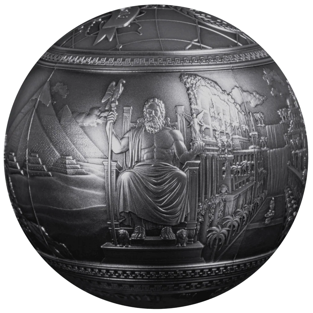 2027 Djibouti Seven Wonders of the Ancient World 1 Kilo silver spherical coin, enthroned bearded god, eagle