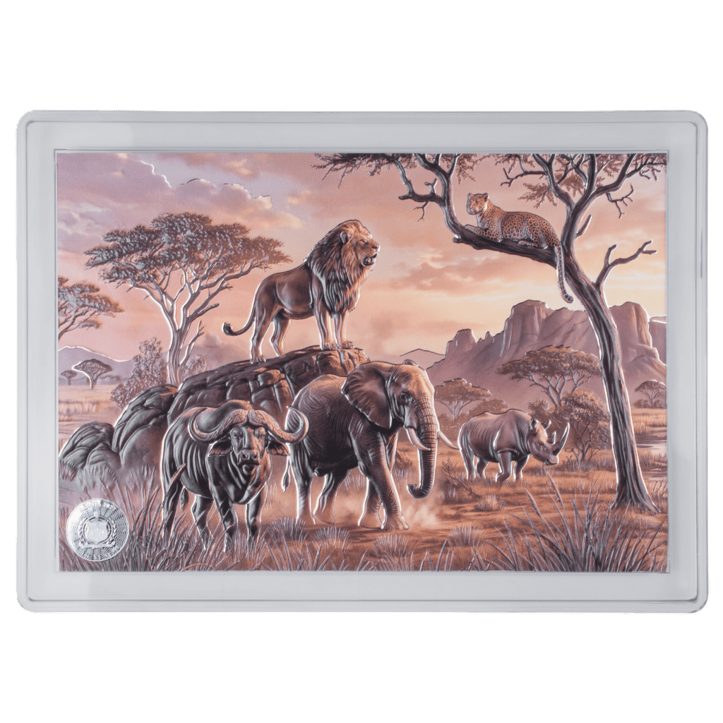 2027 Samoa Big Five Masterpiece 1 oz silver colorized coin, lion on rock, elephant, buffalo, leopard