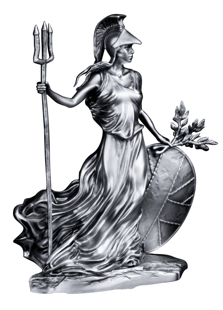 2027 Samoa Lady Britain 3 oz silver antiqued 3D shaped coin, side profile with crested helmet and olive sprig