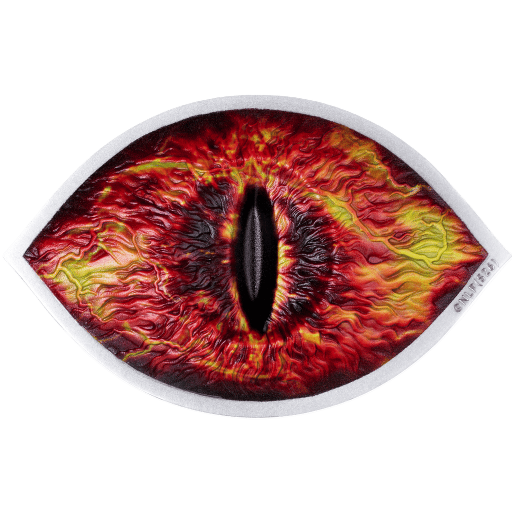 2027 Samoa The Eye of Sauron 5 oz silver shaped coin, red and yellow flame eye with black vertical pupil