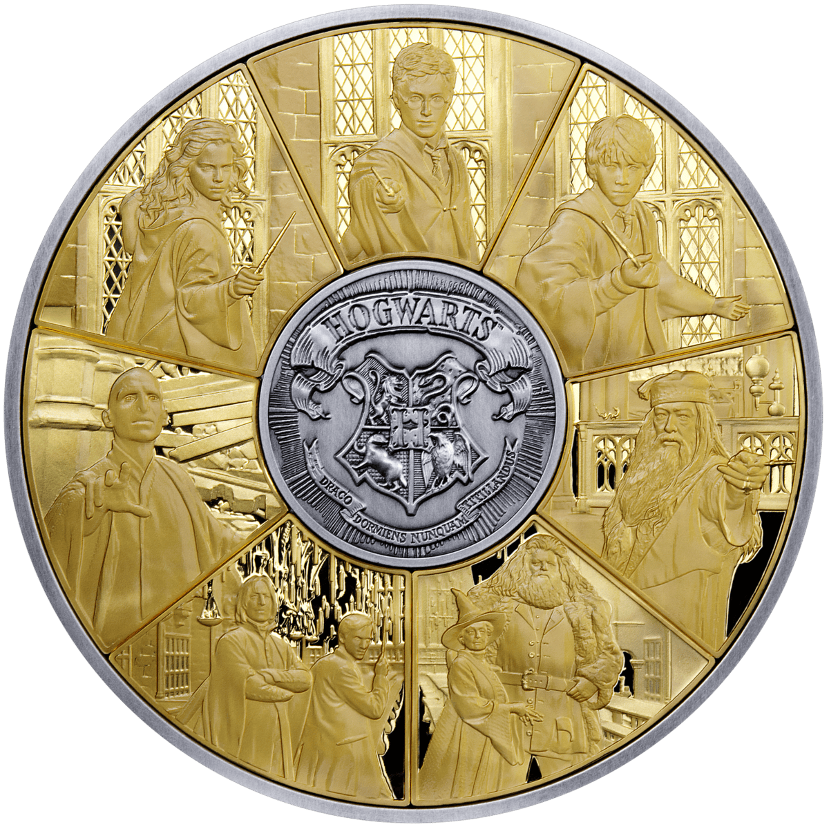 2027 Solomon Islands Harry Potter 5 oz silver antiqued puzzle coin, seven gilded wedges with wizard figures