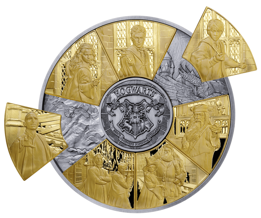 2027 Solomon Islands Harry Potter 5 oz silver antiqued puzzle coin, two gilded wedges lifted out of the ring