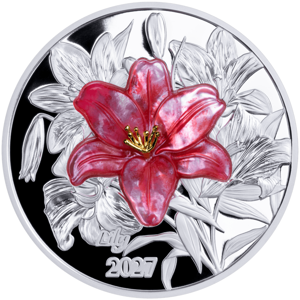 2027 Solomon Islands Mother of Pearl Lily 2 oz silver proof-like coin reverse, red lily with gold stamens