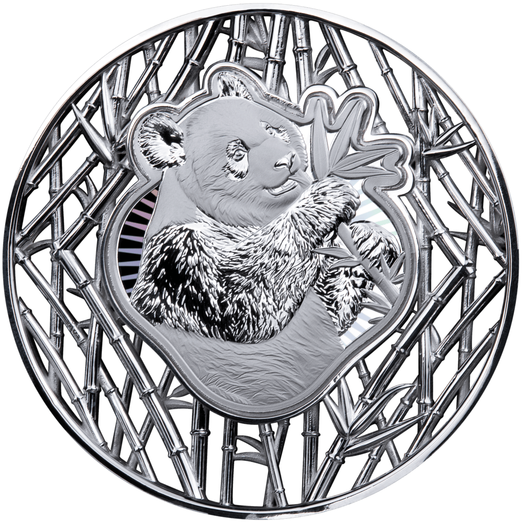 2027 Solomon Islands Panda Filigree 2 oz silver coin reverse, panda holding a bamboo leaf spray, fur texture