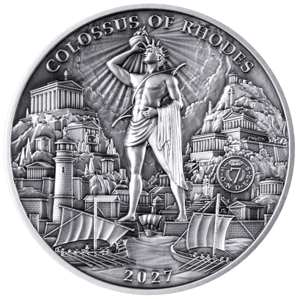 2027 Solomon Islands Colossus of Rhodes 100 gram silver antiqued coin, torch-bearing statue by harbor