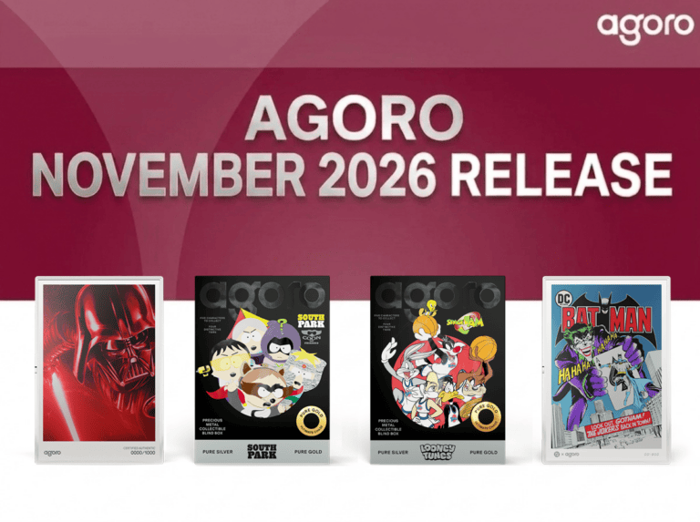 Agoro November 2026 Release graphic, red helmet art, South Park and Space Jam blind boxes, Batman comic cover