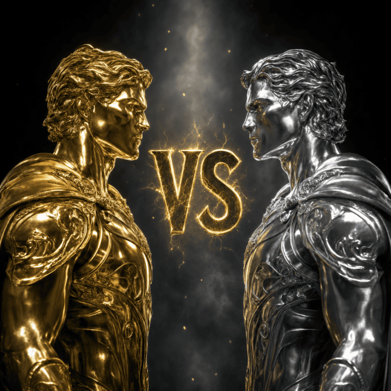 Gold armored figure and silver armored figure face each other in profile with a glowing VS between them