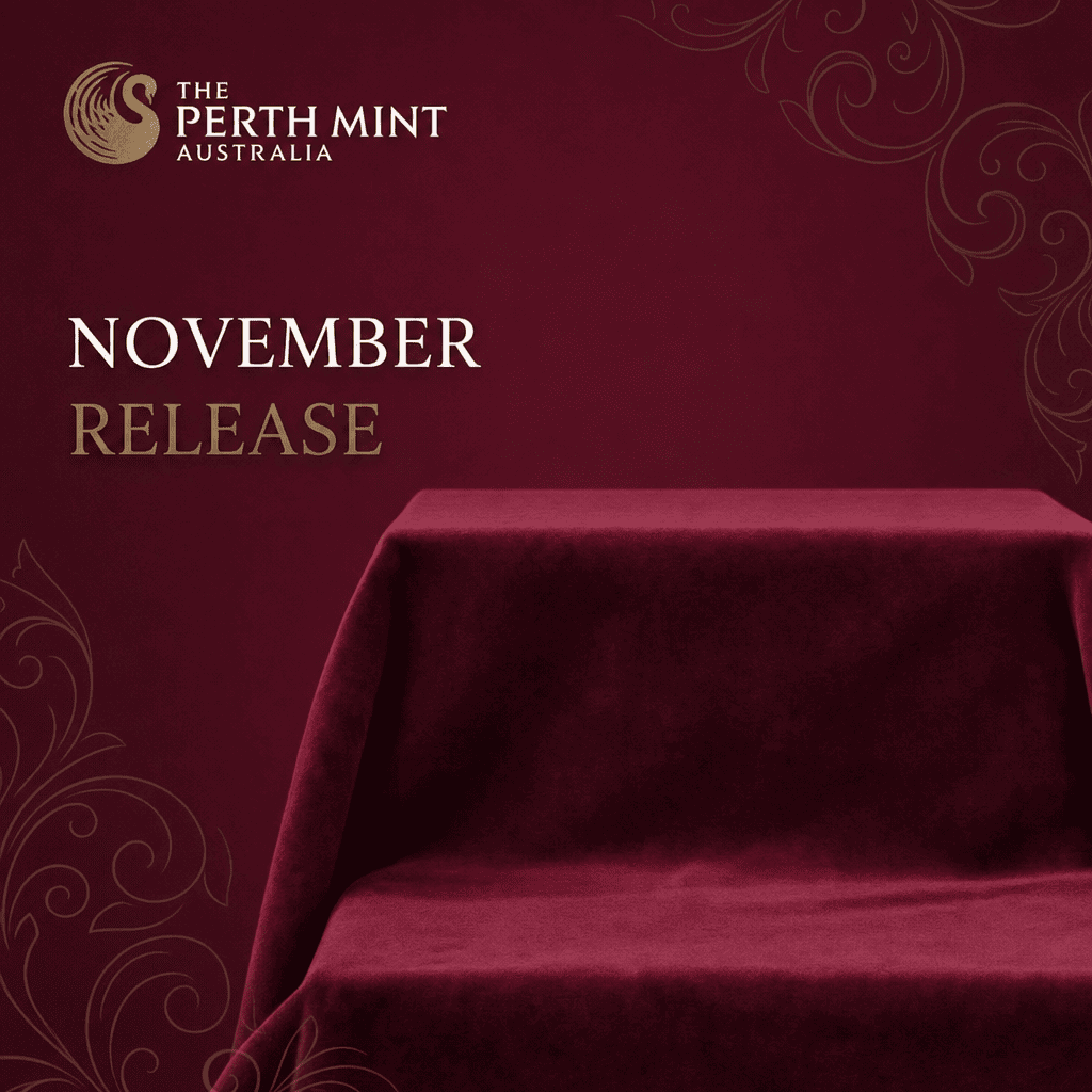 Perth Mint November release announcement graphic with swan logo and a burgundy velvet-draped display stand